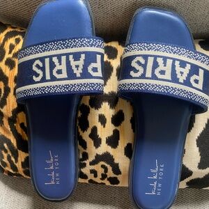 NICOLE MILLER NAVY BLUE/WHITE "PARIS" SLIP ON SANDALS